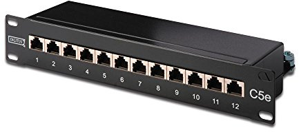 DIGITUS Cat-5e Patchpanel - 12 Ports - RJ45-Buchsen - 10-Zoll Rack-Mount 1HE - LSA Verteilerfeld - Geschirmt - Schwarz