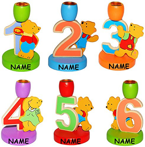 alles-meine.de GmbH 6. Geburtstag - Teddy - incl. Name - Kerzenhalter aus Holz - Zahl 6 - für Kerzen - Kerzenständer zum Aufstellen - Kinder bunt - Geburtstagskranz/Geburts..