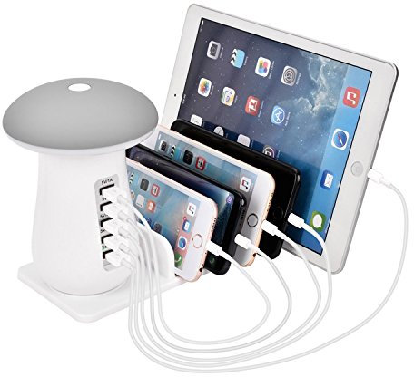 XPhonew USB HUB Charging Station with Mushroom LED Desk Lamp 3.0 Quick Charge Fast Charger Dock Stand Holder Compatible with iPhone 16 15 14 13 12 Pro Max iPad Mini Pro Air Samsung Smartphones Tablet