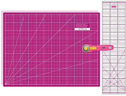 SEMPLIX Schneidematten Set - Schneideunterlage 60 x 45 cm (A2), Rollschneider Maxi 45 mm, Patchwork Lineal 60x15 cm (pink/Beere)
