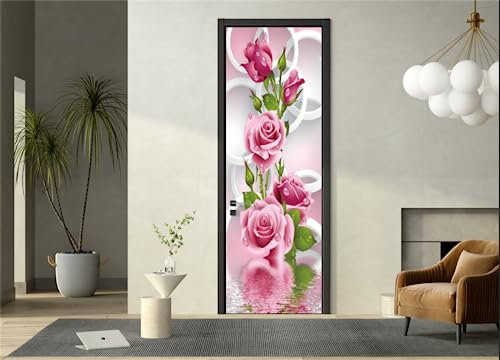 FLFK Adesivi per porte 3D Stacca e attacca 77x200cm(Set di 2 fogli) - Cerchio di fiori di rosa Carta da parati autoadesiva per pareti e porte poster per la camera da letto e il soggiorno