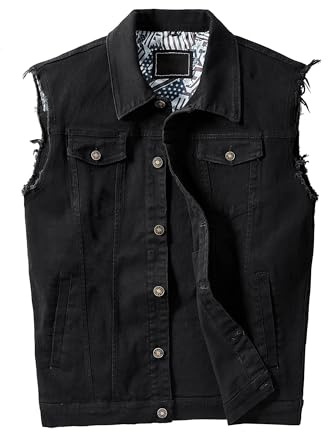 JYG Denim Vest for Men Casual Lapel Trucker Jeans Vests Fashion Vintage Sleeveless Vest (US, Alpha, X-Large, Regular, Regular, Black)