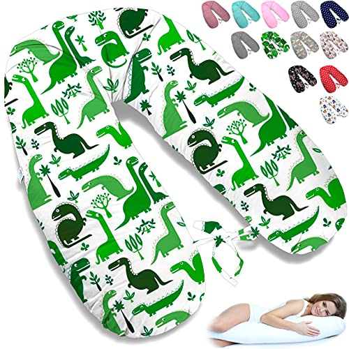 ekm trade 170cm XXL Stillkissen Schwangerschaftskissen Lagerungskissen Seitenschläferkissen große Farbwahl Handmade Baumwolle 100% aus Zertifizierte Materialien (43 – Weiß – Grüne Dinosaurier)