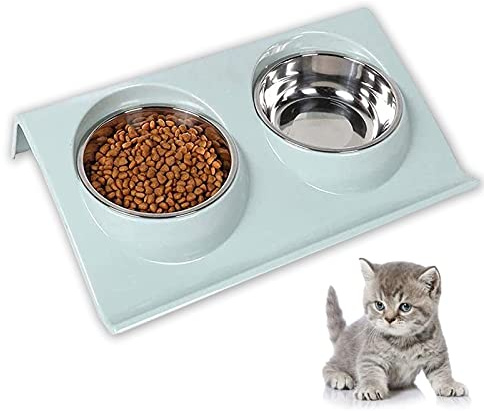 Gamelles Doubles pour Chat - en Acier Inoxydable antidérapant - Inclinaison à 15 ° - Double gamelle pour Chat et Chien de Petite ou Moyenne Taille (Vert)