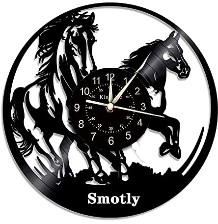 Smotly Vinyl-Wanduhr, Pferde-Thema, Retro, groß, mit 7-farbiger Nachtlichtfunktion, Heimdekoration, digitale Wanduhr (ohne Licht)