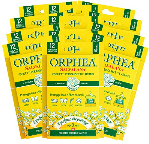 Orphea 12 x Einlagen für Schubladen und Schränke, schützt Wolle und Naturfasern mit Blumenduft – 12 Packungen mit je 12 Blatt
