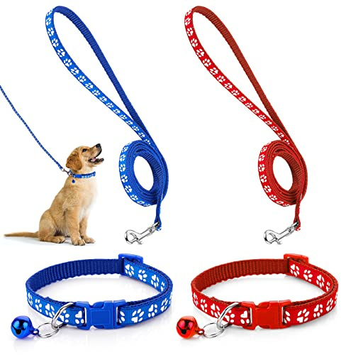 Molain 2Pcs Dog Cat Collar and Leash Set, Adjustable Pet Dog Cat Collar with Leash Quick Release Clip Buckle Collar for Small Dog Cat Puppies Kittens (Blue+Red)