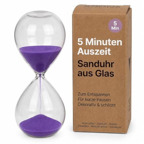 MIJOMA Sanduhr 5 Minuten aus Glas in Violett – dekorative Timeruhr für Entspannung, Küche, Büro und kleine Rituale