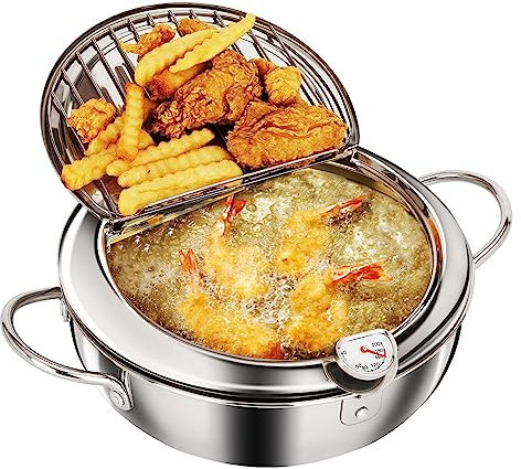 marmite à frire profonde en acier inoxydable avec couvercle,Friteuse Tempura,thermomètreet égouttoir à huile,Mini Friteuse japonaise,compatible avec les cuisinières à(Large-24cm),pour Poulet Frit