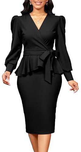 Black Dresses for Women Sexy Wrap V Neck Long Sleeves Ruffles Pencil Knee Length Split Business Dress with Belt Zipper (Large)