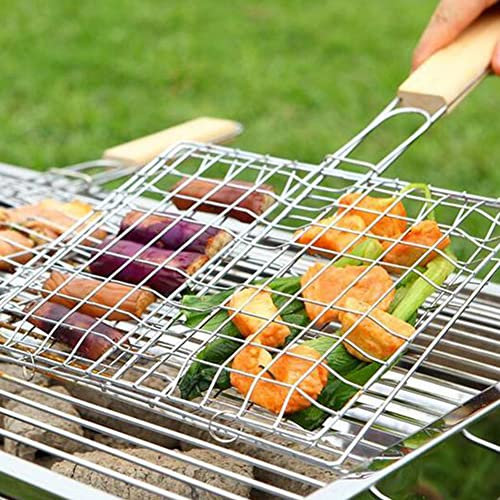 Jauhmui Edelstahl Barbecue Korb,Tragbares Grill Fischhalter,Faltbarer Grillgitterclip,BBQ Grillrost mit Holzgriff,Eckiger Grillrost,Gemüsekorb Grill Basket,für Fisch gemüse Steak Garnelenkoteletts