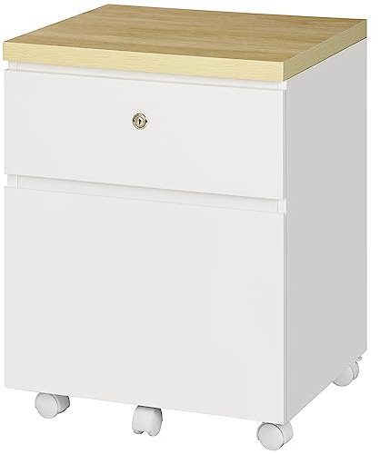 Vinsetto Rollcontainer Aktenschrank mit 2 Schubladen Bürocontainer mit Rollen Büroschrank Abschließbarer Druckschrank Rollschrank für Arbeitszimmer 47 x 39,5 x 62 cm Weiß+Naturholz