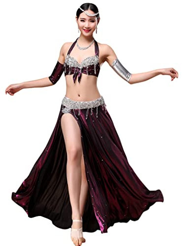 AGAATI Bauchtänzerin Kostüme für Erwachsene, professionelles Bauchtanz-Performance-Outfit, Partykleid, Bauchtanz-Oberteil, BH und hohe Schlitzrüschen, Lange Röcke, Set (Lila L)