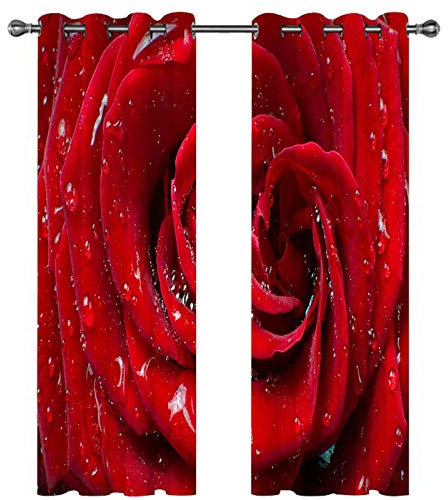 Homxi Blickdichter Vorhang Wohnzimmer 2er Set,2 x 107W x 115H cm,Vorhang Blickdicht Kinder Rot Rosenblüte und Wassertropfen Ösenvorhang Modern