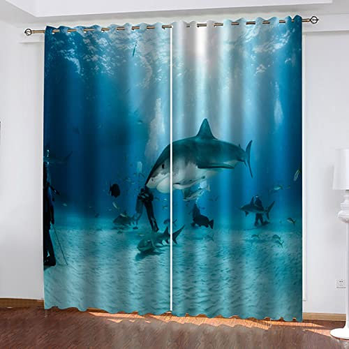 MAYNUO Blickdichte Vorhänge Mit Motiv 3D Meerestier Hai Kinder Gardinen Blickdicht Ösen Gardine Thermo 264x214 cm Schlafzimmer Kinderzimmer Vorhänge Dekoratives Muster, Verdunklungsvorhänge