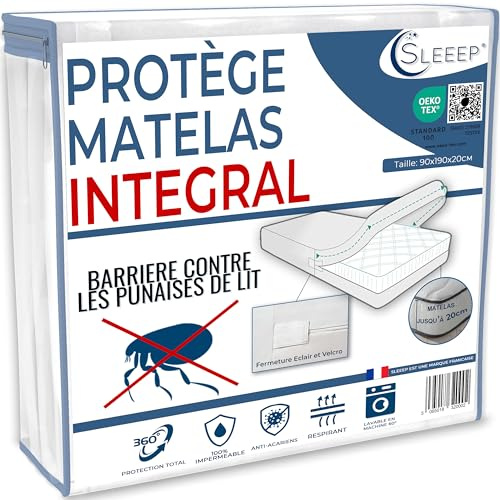 SLEEEP Housse Matelas 90x190 +20cm Anti punaise de lit avec Fermeture Éclair - Protege matelas Intégral Imperméable OekoTex - Qualité Hôtellerie