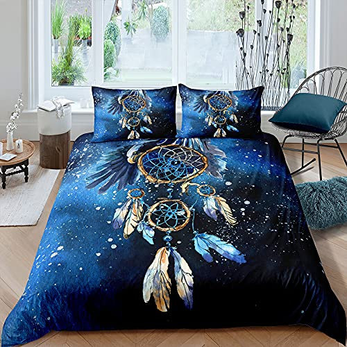 Michorinee Bettwäsche Traumfänger 155x220 Blau Federn Muster Bohemian Style Dreamcatcher Bettwäsche Set 100% Microfaser Reißverschluss - Bettbezug 155 x 220 cm + Kissenbezug 80 x 80 cm