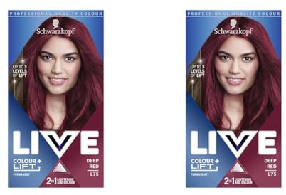 Schwarzkopf LIVE Colour + Lift, Long-Lasting Permanent Red Hair Dye, Lightens Up To 3 Levels, Deep Red L75 (Pack of 2)