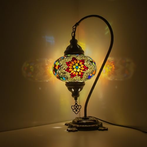 MOSLAND HOME Turkish Lamp Mosaic Table Lamps | Turkish Moroccan Lamp with Bronze Base | Handmade Swan Neck Tiffany Night Lamp | Mosaic Glass Bedside Night Lamp with Led Bulb