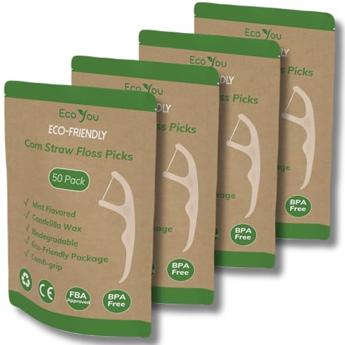 EcoYou Biodegradable Floss Picks – 200 Count | Mint Dental Floss Sticks with Candelilla Wax | Eco-Friendly Teeth Cleaning