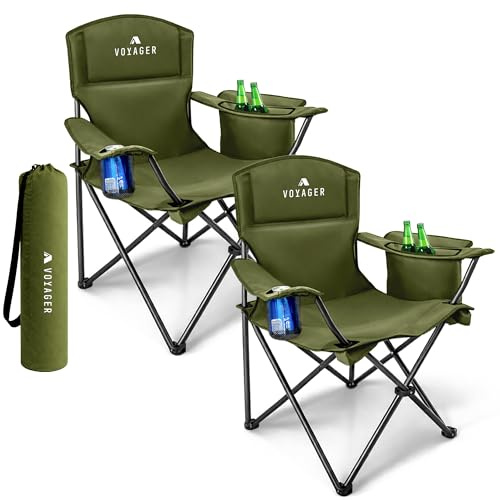 Voyager Folding Camping Chairs 2 Pack with Cooler Bag, Lightweight Q195 Steel Frame, 600D Oxford Fabric, Portable & Comfortable - Black (Green, Pouch/Cooling)
