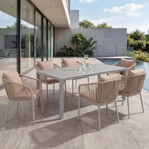 Mendler Gartengarnitur HWC-N41 Tisch+6xStuhl - grau Kissen Taupe | wetterfest Alu, Seilgeflecht, Rope, 180x80cm