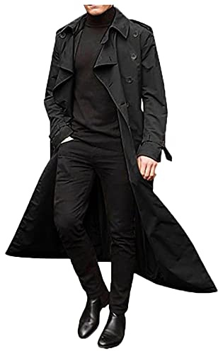Men's Formal Trench Coat Long Business Woolen Jacket Full Length Double Breasted Long Pea Coat Wool Long Coat with Double Mens Trench Coat Long