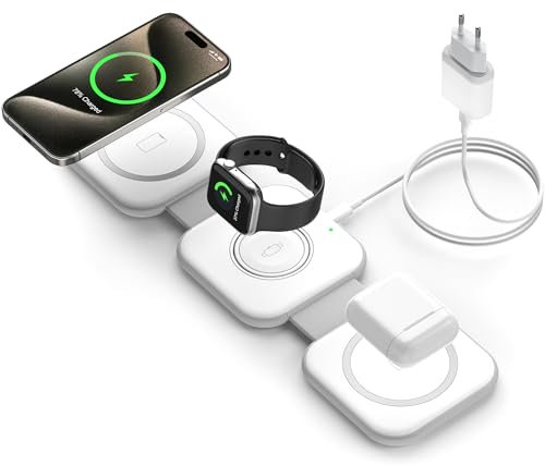 Chargeur Induction sans Fil - 3 en 1 Pliable Station de Charge Magsafe Replacement for iPhone 16/15/14/13/12/11/Pro/Max/Plus, Watch Ultra 10/9/8, Earbuds Pro 4/3, avec Prise 20W et Cable 1M TMKUHOR