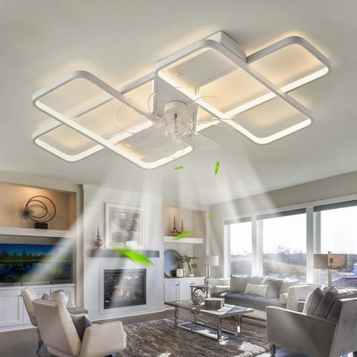 LED Lampadario Ventilatore APP Dimmerabile Reversibile Grande Plafoniera Con Ventilatore E Telecomando Silenzioso 6 Velocità Luce Con Ventilatore Smart Moderno 35inch Per Camera Da Letto, Cucina-White
