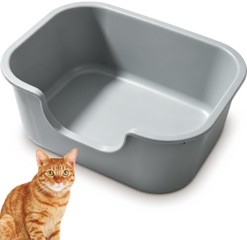 Pawsayes High Sided Cat Litter Tray Large Open Top Litter Box Deep Wall and Low Entry Splash Proof Kitty Litter Box for All Ages Cats(Grey)