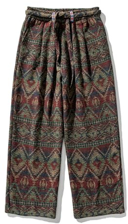 GURUNVANI Stickade jacquardbyxor elastisk midja vintage cargo träningsbyxor säckiga raka byxor vardaglig tweedbyxor, Röd, S