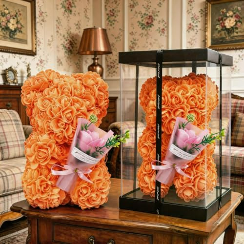 GDJIAYIYI Orsacchiotto di rose, orso di fiori artificiali, regalo di compleanno, per donne, signore, fidanzate, ragazze, mamme, nonne, padri (arancione)
