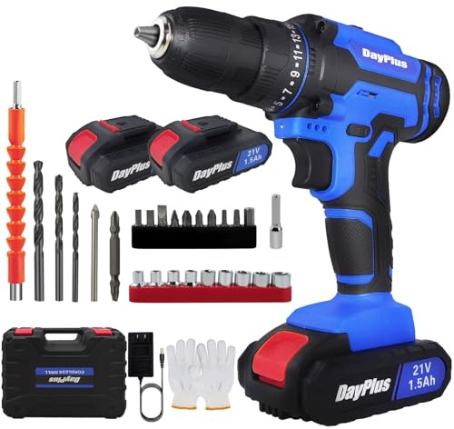 Generic 21V Cordless Drill Driver, 2 x 1500mAh Batteries, 25+1 Torque Setting, 45N.m Max, 2 Variable Speed, LED Light, Drill, Driver, Screwdriver, DIY Project
