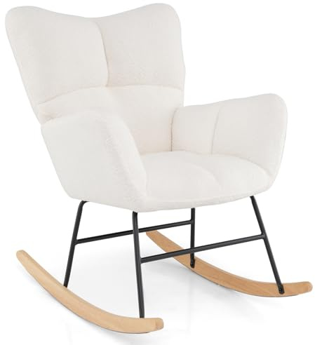 RELAX4LIFE Nursing Rocking Chair, Teddy Fleece Fabric Relax Rocker Armchair with Solid Rubber Wood Base, Upholstered Tufted Wingback Accent Lounge Recliner for Living Room, Bedroom