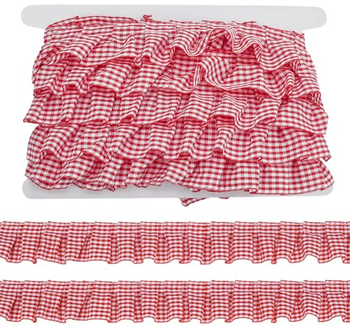 PH PandaHall 9m Gingham Rüschenbesatz Rote Plissee-Bordüre 40mm geraffte Spitze Band Ruffle Ribbon Trim Vintage Spitze Rand Trim für Weihnachten DIY Craft Sewing Kleid Kostüm Home Decor