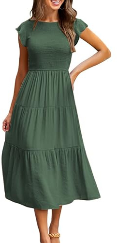 CMTOP Vestido Mujer Verano Largo Vestido Playa Manga Volante Cuello Redondo Sólido Elegante Vestidos Largos Cintura Elástica Casual Vestido en Capas Línea A(Verde Militar,L)