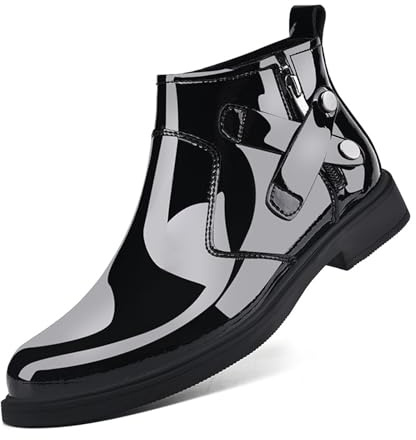 Men's Patent Leather Chunky Heel Chelsea Boots with Side Zipper Retro Round Head Square Texture Warm Plush Lining Business Formal Short Boots (Black,10)