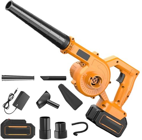 Kabelloser Laubbläser, 21 V, mit Akku und Ladegerät, kabellos, Schneereinigung, Laubbläser für Gartenblätter, Holzspäne (Gelb, 1 Akku)