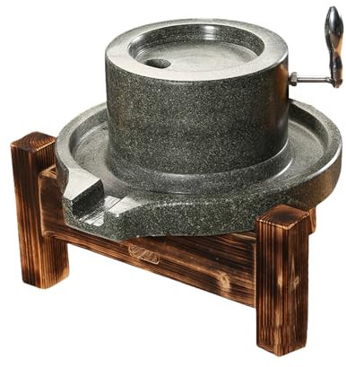 KOQENAG Vintage handmade stone mill,Stone mill grinder with stainless steel handle,Handmade grain mill,With vintage wooden stand, fine grinding, suitable for grinding wheat, rice(20cm/7.9in)