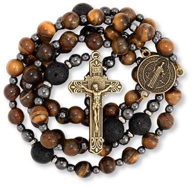 Nazareth Store Rosenkranz für Männer katholische Rosenkranzkette Tigerauge-Perlen robuster Rosenkranz mit Kreuz in tragbarer Geschenkbox (St. Benedikt)