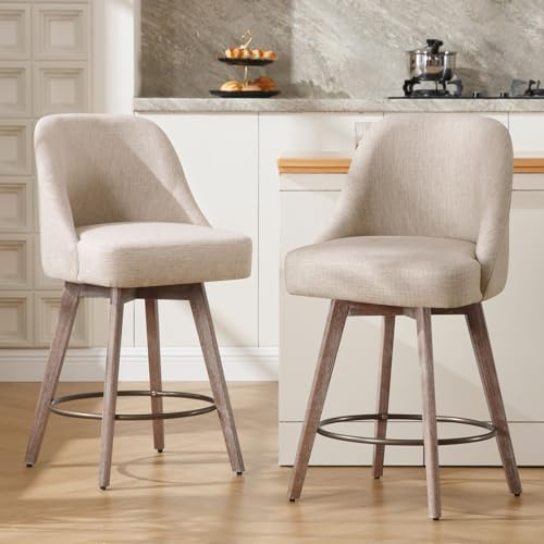 Bekrvio Counter Height Bar Stools Set of 2, Mid-Century Modern Swivel Barstools with Back and Wood Legs, Linen Fabric Upholstered Chairs 65CM Seat Height Counter Stools (Linen Sand, 2PCS)