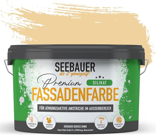 SEEBAUER diy Silikat-Fassadenfarbe Beige 10L für Außen (No. 414 Honey Bee) Atmungsaktive Mineralfarbe für Fassaden - Geeignet für Putz, Mauerwerk und Beton