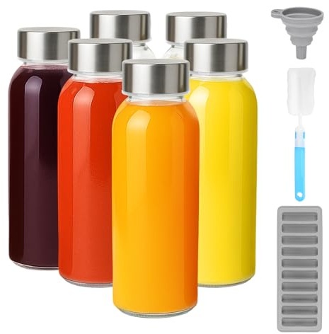 Zukro Glass Water Bottles with Lids 10.5 oz, 6 Pack Clear Reusable Glass Small Juice Bottles With Stainless Steel Cap for Juicing, Milk, Ginger Shot, BPA-Free Leak Proof 300ml Drinking Container Jar