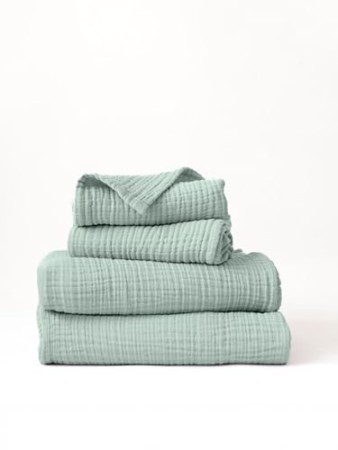 Viva Maison Musselin-Handtuch-Set, 4 Stück, für Badezimmer, 100 % türkische Baumwolle, dünn, weich, schnelltrocknend, fusselfrei, große Größe, luxuriös, Salbeigrün, 2 Badetücher und 2 Händehandtücher