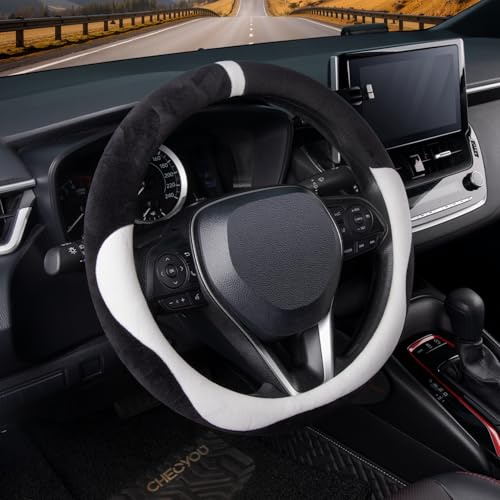 COFIT Plüsch Lenkradbezug Winter, Universal Lenkrad Bezug Fell, Lenkradhülle Wwarm Weich, Lenkradschutz Auto für 37-38 cm, Autozubehör Schwarz und Weiß