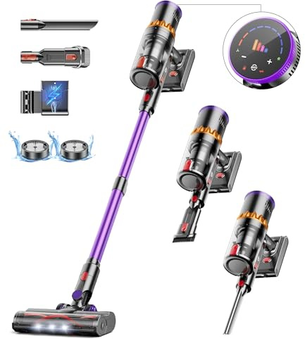 Akku Staubsauger 50000Pa/580W/70Min, 1.6L Staubsauger Kabellos mit Automatische Saugeinstellung, LED Display, Anti-Tangle-Bürste, Wandladestation, Ultraleise, für Tierhaare/Hartböden/Teppiche/Auto