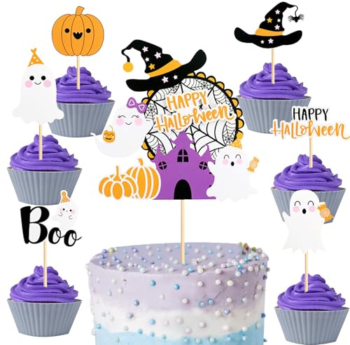 Gleevio 25 Stück Happy Halloween Tortendeko BOO,Cupcake Topper Halloween Kuchen Deko Geist Hexenhut,Kürbis Muffin Deko, Hexenhut Tortendeko Gruselige Geburtstagsparty-Deko,Kuchendeko Halloweenparty