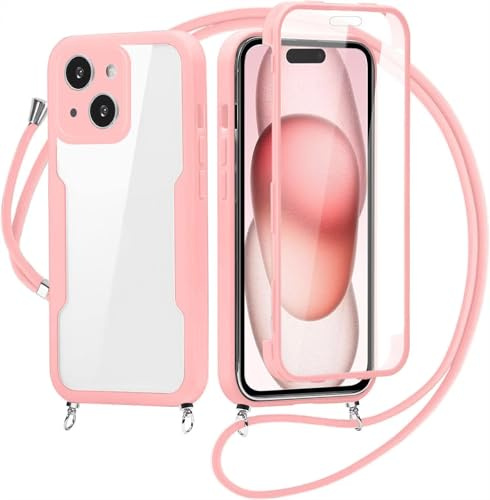 Cover per iPhone 13 Mini con Cordino, 360 Gradi Antiurto Custodia con Protezione Schermo Integrata Trasparente Rugged TPU Bumper Doppia Protettiva Cover per iPhone 13 Mini -Rosa