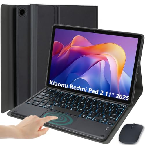 EHLCYS Coque Clavier pour Xiaomi Redmi Pad 2 11 Pouces (Version 2025), Rétroéclairage 7 Couleurs Pavé Tactile Intelligent, AZERTY Français Clavier Bluetooth sans Fil, Étui Ultra-Fin avec Souris