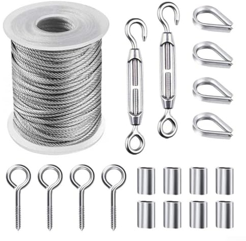 Edelstahl-Drahtseil-Aufhängeset mit Haken, Fingerhut, Schraubschnallen und Aluminium-Crimps für Zelt, Garten und Outdoor-Befestigungen, 15 m, 2 mm
